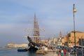 The three masted Palinuro, a historic Italian Navy training barquentine, moored in the Gaeta port. Royalty Free Stock Photo